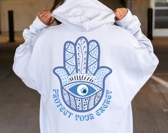 Chroń swoją energię Bluza z kapturem Hasma Hand Evil Eye Modne bluzy z kapturem Oversized Bluza z kapturem Witchy Clothes Preppy z napisami na plecach Bluza z kapturem VSCO