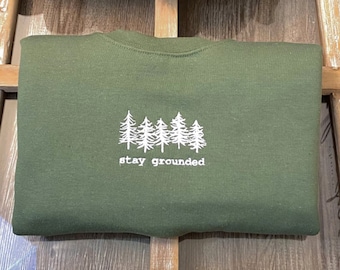 Geborduurd Pine Tree Sweatshirt Evergreen Bomen Geborduurd Crewneck Camping Wandelen Sweatshirt Reizen Truien Outdoors Sweatshirts