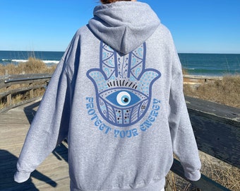 Protect Your Energy Evil Eye Hoodie with Words on Back Trendy Hoodies Witchy Clothes Oversized Hoody Preppy Hoodie Message on Back VSCO