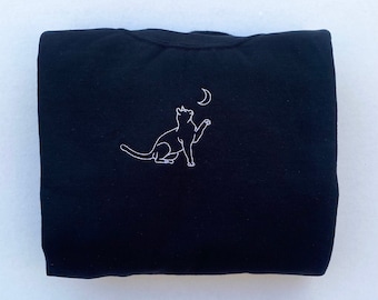 Embroidered Cat Crewneck, Cat and Moon Sweatshirt, Cat Mom Pullover, Vintage Cat Sweater, Black Cat Sweater, Gift for Cat Lover, Cat Shirt