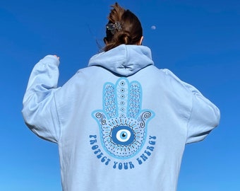 Protect Your Energy Hasma Hand Evil Eye Hoodie Trendy Hoodies Egirl Clothing Witchy Clothes Positive Hoodie Evil Eye Sweatshirt Boho Hoodie