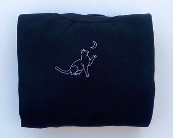 Celestial Cat Embroidered Sweatshirt, Cat Crewneck, Cat Pullover, Cat & Moon Sweater, Cats Crew Neck, Cat Mom Gift, Embroidered Cat Pullover