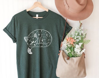 Bohemian Cat Shirt Moon & Stars Shirt Celestial Tee Cat T-Shirt Women Boho Cat Shirts Ladies Cat Tee Cat Lover Gifts Cat Apparel Cat Clothes