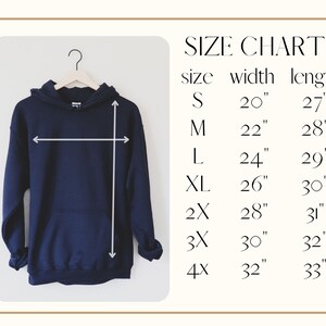 May include: A navy blue hoodie displayed on a hanger, with a size chart to the right. The chart lists sizes S to 4X, with corresponding width and length measurements in inches. The hoodie has a front pocket and a hood.