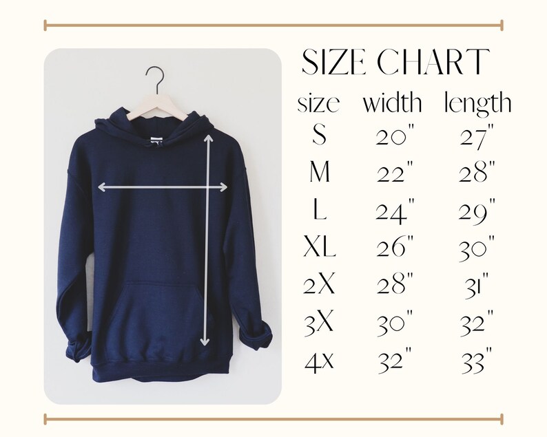 May include: A navy blue hoodie displayed on a hanger, with a size chart to the right. The chart lists sizes S to 4X, with corresponding width and length measurements in inches. The hoodie has a front pocket and a hood.