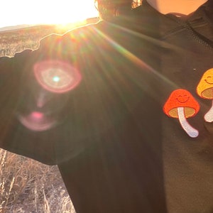 May include: Black hoodie with two embroidered mushroom patches. One mushroom is orange, the other is yellow, both with smiling faces. The background shows a field and the sun.