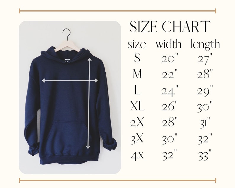 May include: A navy blue hoodie displayed on a hanger, with a size chart next to it. The chart lists sizes S to 4X, with corresponding width and length measurements in inches. The hoodie has a front pocket and a hood.