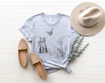 Vintage Cat Shirt, Vintage Kitten Tshirt, Cats & Butterfly T-shirt, Cute Cat Tee, Floral Cat Shirt, Dandelion Cat Graphic Tee, Cat Mom Gift