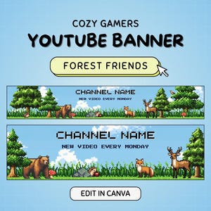 May include: A YouTube banner template with a pixelated forest theme. The banner features a green, blue, and brown color scheme with pixelated trees, bears, deer, and mushrooms. The text "COZY GAMERS YOUTUBE BANNER FOREST FRIENDS" is displayed in a yellow box at the top of the banner. The text "CHANNEL NAME NEW VIDEO EVERY MONDAY" is displayed in a white box in the middle of the banner.