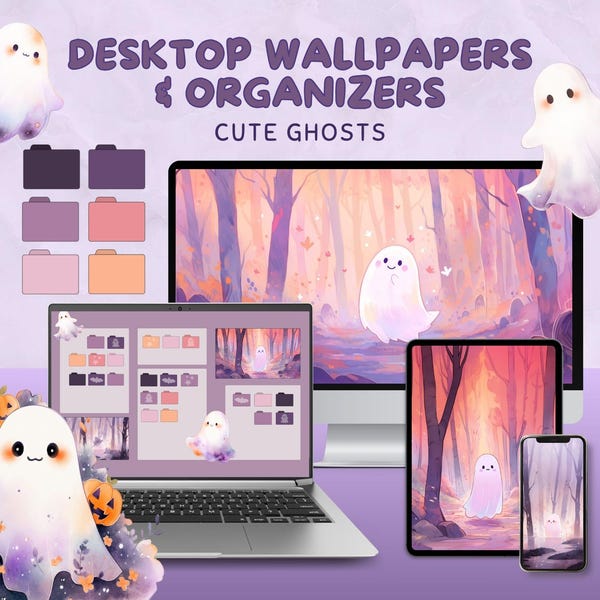 Uroczy organizer pulpitu z duchami, przytulna fioletowa tapeta na Halloween, Lofi upiorne tło komputera w lesie, różowe ikony folderów dla komputerów Mac i Windows