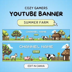 May include: A YouTube banner design with a pixelated farm scene. The banner features the text "COZY GAMERS" and "YOUTUBE BANNER". The design includes a farm with a cow, pig, donkey, and chickens. The banner also has the text "SUMMER FARM" and "EDIT IN CANVA".