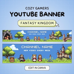 May include: A YouTube banner template with a fantasy kingdom theme. The banner features a pixelated castle, trees, and characters. The text "CHANNEL NAME" and "NEW VIDEO EVERY WEEK" is displayed on the banner. The banner is designed for use on YouTube.