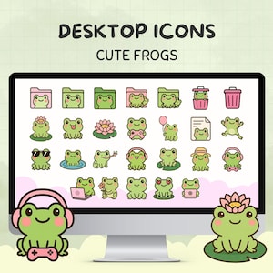 May include: A computer monitor displaying a collection of cute frog-themed desktop icons. The icons are in various poses and styles, with a green and pink color scheme. Text at the top reads "DESKTOP ICONS" and "CUTE FROGS".