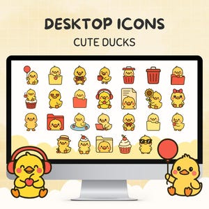 Op de afbeelding: Een computermonitor toont een verzameling gele eenden-iconen met verschillende accessoires en poses. De tekst "DESKTOP ICONS" en "CUTE DUCKS" staat bovenaan. Een cartoon eend met een koptelefoon en een hart zit eronder.