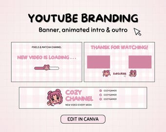 Pink Kawaii Girl Youtube Channel Banner, Cute Pastel Anime Intro & Outro Video, Cozy Open and End Screen Animation, Editable Canva Template