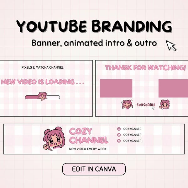 Pink Kawaii Girl Youtube Channel Banner, Cute Pastel Anime Intro & Outro Video, Cozy Open and End Screen Animation, Editable Canva Template