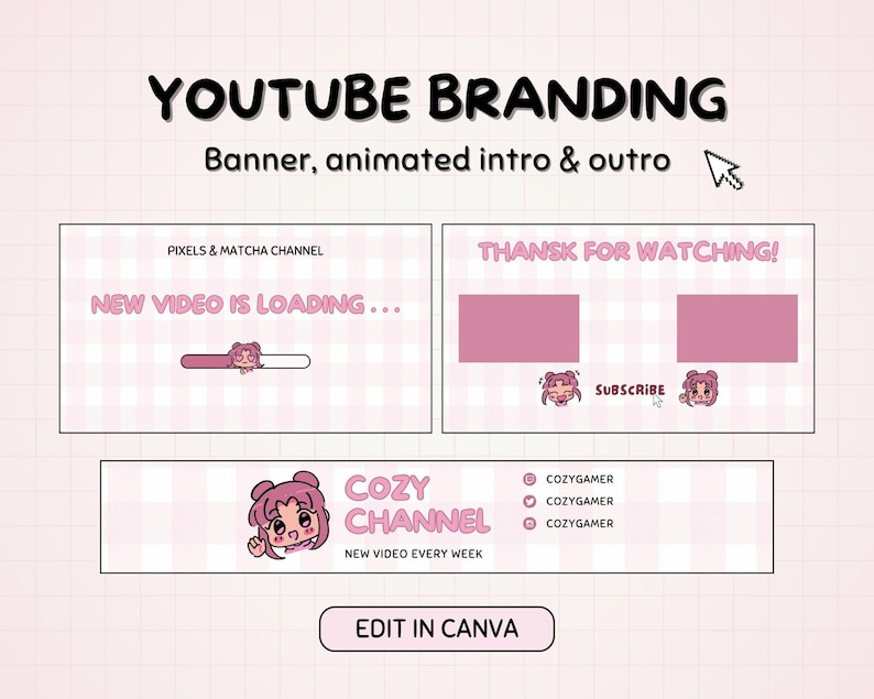 Pink Kawaii Girl Youtube Channel Banner, Cute Pastel Anime Intro ...