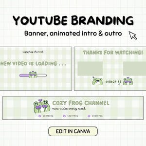 以下が含まれることがあります： 緑と白の市松模様の背景に、漫画のカエルが描かれたYouTubeのブランディングテンプレートがあります。テンプレートには、バナー、アニメーションのイントロ、アウトロが含まれています。バナーのテキストは「Cozy Frog Channel、毎週新しいビデオ」です。