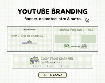 Kawaii Frosch Youtube Branding Kit, süßes Pastel Green & Purple Anime Channel Banner, Intro und Outro Animation Video, bearbeitbare Canva Vorlage