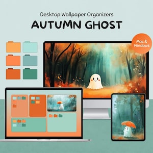 May include: A digital art display featuring a desktop wallpaper organizer with the text "AUTUMN GHOST." The image includes a computer monitor, laptop, and tablet, each displaying a fall-themed ghost illustration. Folder icons are also shown.