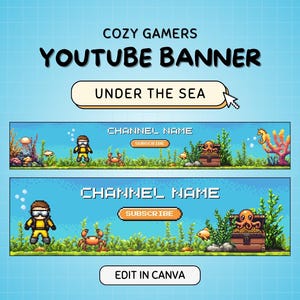 Peut inclure: Une bannière YouTube avec un fond bleu et des graphismes en pixel art. La bannière représente un plongeur, un coffre au trésor et des créatures marines. Le texte "COZY GAMERS YOUTUBE BANNER UNDER THE SEA" est affiché en haut de la bannière. Le texte "CHANNEL NAME SUBSCRIBE" est affiché au milieu de la bannière.