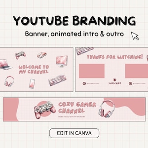 Può includere: Un modello di branding YouTube rosa e bianco con il testo "YOUTUBE BRANDING" e "Banner, animated intro & outro". Il design include elementi grafici legati al gaming come un controller, una tastiera e delle cuffie. È visibile anche il testo "WELCOME TO MY CHANNEL".