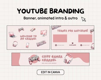 Youtube Branding Kit Gaming with Pink Tech Gadgets, Cute Pastel Gamer Channel Banner, Animated Intro & Outro Video, Editable Canva Template