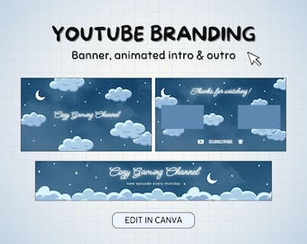 Blue Kawaii Clouds Youtube Channel Banner, Cute Night Sky Intro & Outro Video, Cozy Open and End Screen Animation, Editable Canva Template