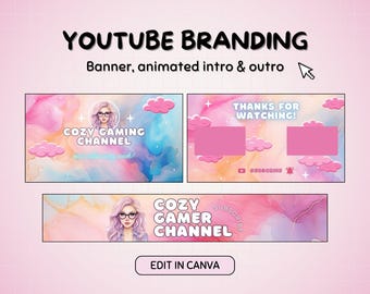 Kit di branding Youtube rosa e blu, banner di canale per ragazze gamer carine, video di animazione intro e outro pastello, modello Canva modificabile