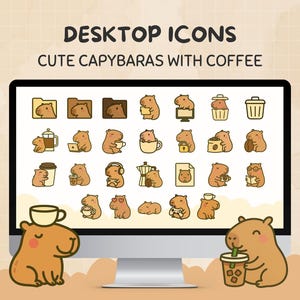 Op de afbeelding: Een computerscherm met een set van 36 kleurrijke pictogrammen met schattige capibara's die van koffie genieten. De pictogrammen zijn in een rasterpatroon gerangschikt. De capibara's worden afgebeeld in verschillende activiteiten, zoals koffie drinken, koffiebekers vasthouden en werken op laptops. De pictogrammen zijn ontworpen in een cartoon-stijl met afgeronde hoeken en felle kleuren. Het scherm is omgeven door een witte rand en een lichtbruine achtergrond.