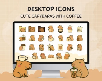 Desktop Icons Capybaras and Coffee, Kawaii Animal Icon Pack for Windows & Mac, Cute Brown Yellow Folders Set, Cozy Anime Computer Aesthetic
