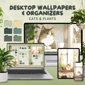 Organizador de escritorio con gatos y plantas, acogedor fondo de pantalla verde para amantes de los animales, lindos íconos de carpetas botánicas Lofi para computadoras Mac y Windows