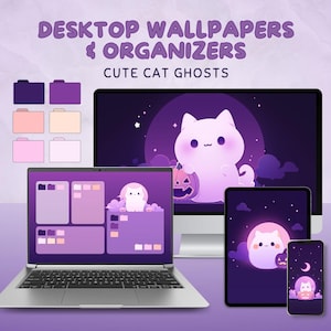 May include: A digital art display featuring desktop wallpapers and organizers with a cute cat ghost theme. The image shows a laptop, computer monitor, tablet, and smartphone, each displaying a matching purple and white design.