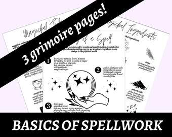 Pode incluir: Três páginas de grimório com o texto "Magickal Tools", "Of a Spell" e "Magickal Ingredients". As páginas apresentam ilustrações de um almofariz e pilão, uma mão segurando uma bola de cristal, ervas e cinzas. As palavras "BASICS OF SPELLWORK" estão na parte inferior.