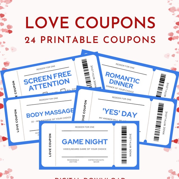 Love Coupon Printable, Love Vouchers, Last minute Valentine's gift, Gift for Him, Fun Love Coupon Book, Anniversary Gift