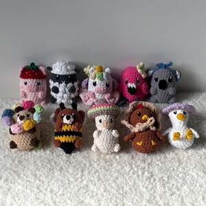 Peut inclure: Une collection de dix animaux en peluche crochetés, chacun avec un design et une couleur différents. Les animaux comprennent un cochon, une vache, une licorne, un monstre, un koala, un ours, un champignon, un poulet, un canard et une fleur.