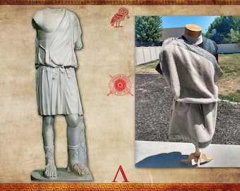 Hellenic Exomis: Dorian Wool Tunic with Meander Trim | Classical Greek Attire | Handcrafted Antiquity Replica