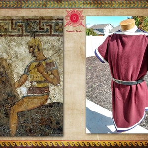 May include: A maroon tunic with white and navy blue trim. The tunic has short sleeves and is belted at the waist. The tunic is shown on a mannequin in a grassy area.