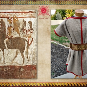 May include: A painting depicting a woman riding a horse with two other women standing beside her. The painting is on a wall with a red border. On the right side of the image is a gray tunic with red trim and a brown leather belt. The text "Samnite Tunic" is visible in the image.