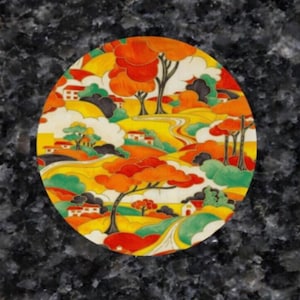 May include: A colourful illustration of a whimsical landscape with rolling hills, trees, and houses. The scene is painted in shades of yellow, orange, red, green, and blue.