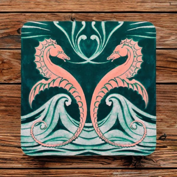 Beautiful Art Nouveau Charles Voysey Green Pink Seahorse design 9cm square wooden cork backed drinks coaster mat rest flower stand