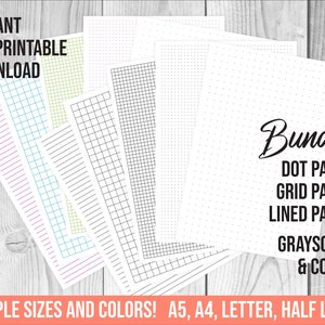 Puede incluir: Un paquete de hojas de papel imprimibles en varios tamaños y colores, incluyendo papel punteado, papel cuadriculado y papel rayado. Los papeles están en escala de grises y en color. El texto "Bundle" está escrito en cursiva en la parte superior de la imagen. El texto "DOT PAPER, GRID PAPER, LINED PAPER, GRAYSCALE & COLOR" está escrito debajo de la palabra "Bundle". El texto "MULTIPLE SIZES AND COLORS! A5, A4, LETTER, HALF LETTER" está escrito en la parte inferior de la imagen.