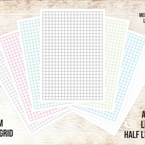 May include: A set of 10mm grid paper in various colors, including black, medium gray, light gray, blue, green, teal, and pink. The paper is available in A4, A5, Letter, and Half Letter sizes.