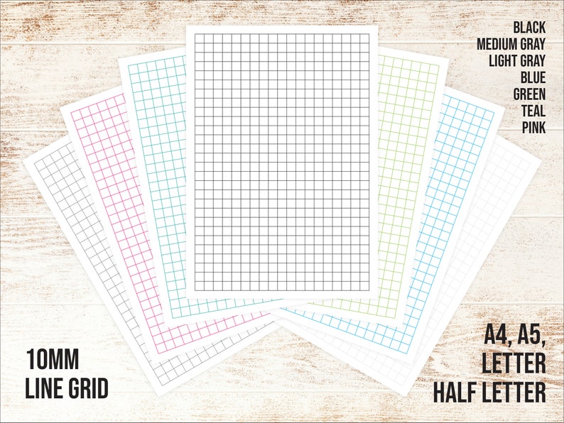 May include: A set of 10mm grid paper in various colors, including black, medium gray, light gray, blue, green, teal, and pink. The paper is available in A4, A5, Letter, and Half Letter sizes.