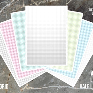 May include: A set of printable 5mm grid paper in various colors, including black, medium gray, light gray, blue, green, teal, and pink. The grid paper is available in A4, A5, Letter, and Half Letter sizes.