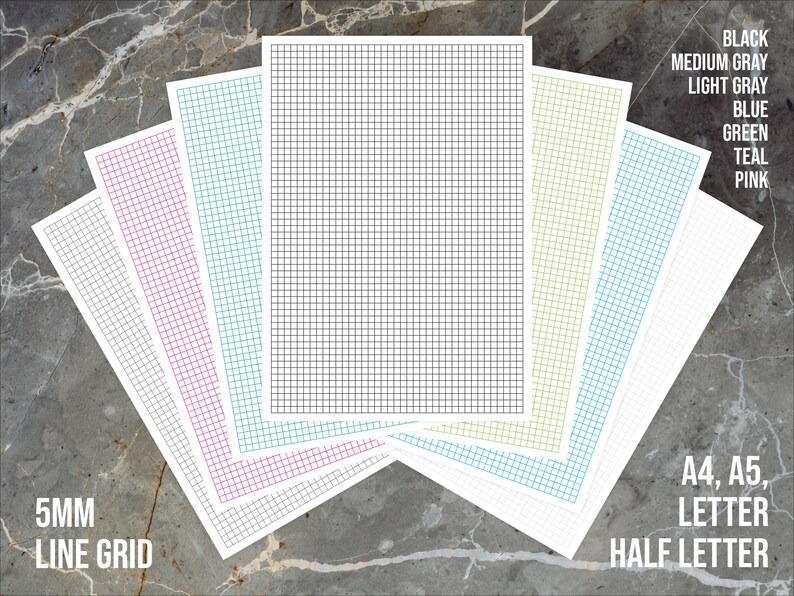 May include: A set of printable 5mm grid paper in various colors, including black, medium gray, light gray, blue, green, teal, and pink. The grid paper is available in A4, A5, Letter, and Half Letter sizes.