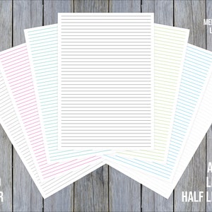 May include: A set of lined paper in various colors, including black, medium gray, light gray, blue, green, teal, and pink. The paper is labeled "A4, A5, Letter, Half Letter" and "Lined Paper".