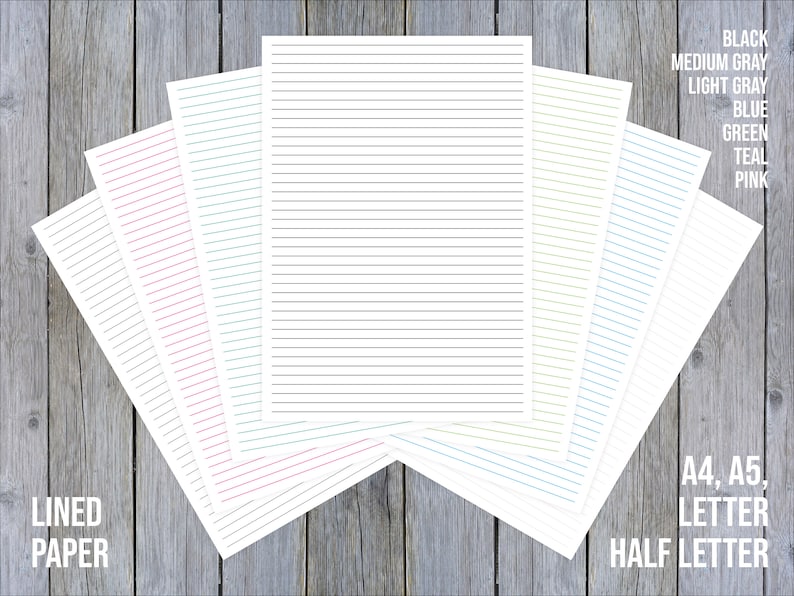 May include: A set of lined paper in various colors, including black, medium gray, light gray, blue, green, teal, and pink. The paper is labeled "A4, A5, Letter, Half Letter" and "Lined Paper".