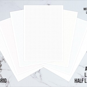 May include: A set of 5mm dot grid paper in various sizes, including A4, A5, Letter, and Half Letter. The paper is white and has a subtle dot pattern. The paper is available in a variety of colors, including black, medium gray, light gray, blue, green, teal, and pink.