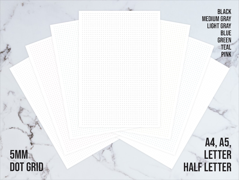 May include: A set of 5mm dot grid paper in various sizes, including A4, A5, Letter, and Half Letter. The paper is white and has a subtle dot pattern. The paper is available in a variety of colors, including black, medium gray, light gray, blue, green, teal, and pink.